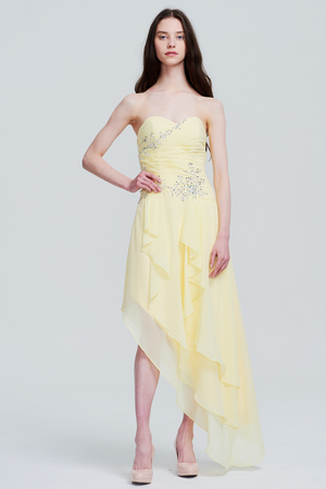 Lemon Sorbet Strapless Chiffon A-Line Cocktail Dress with Asymmetric Ruffles