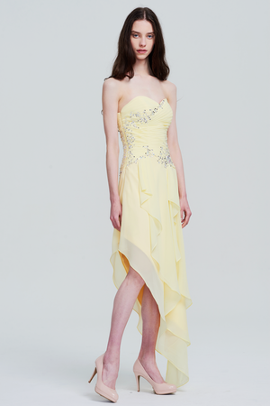 Lemon Sorbet Strapless Chiffon A-Line Cocktail Dress with Asymmetric Ruffles