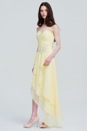 Lemon Sorbet Strapless Chiffon A-Line Cocktail Dress with Asymmetric Ruffles