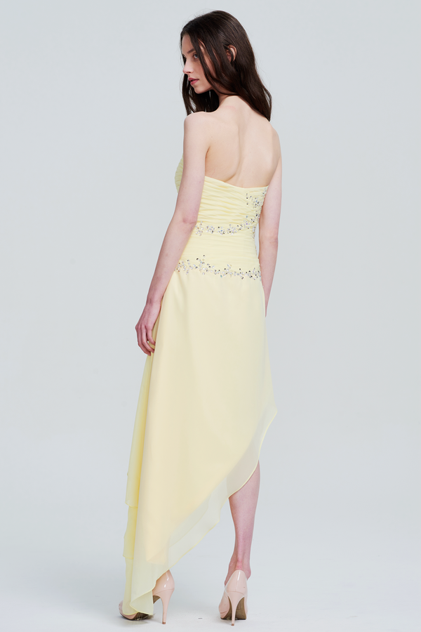 Lemon Sorbet Strapless Chiffon A-Line Cocktail Dress with Asymmetric Ruffles
