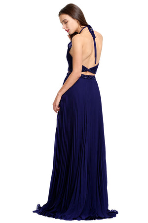 Navy Open-Back Two-Piece Pleated Chiffon A-Line Prom Dress