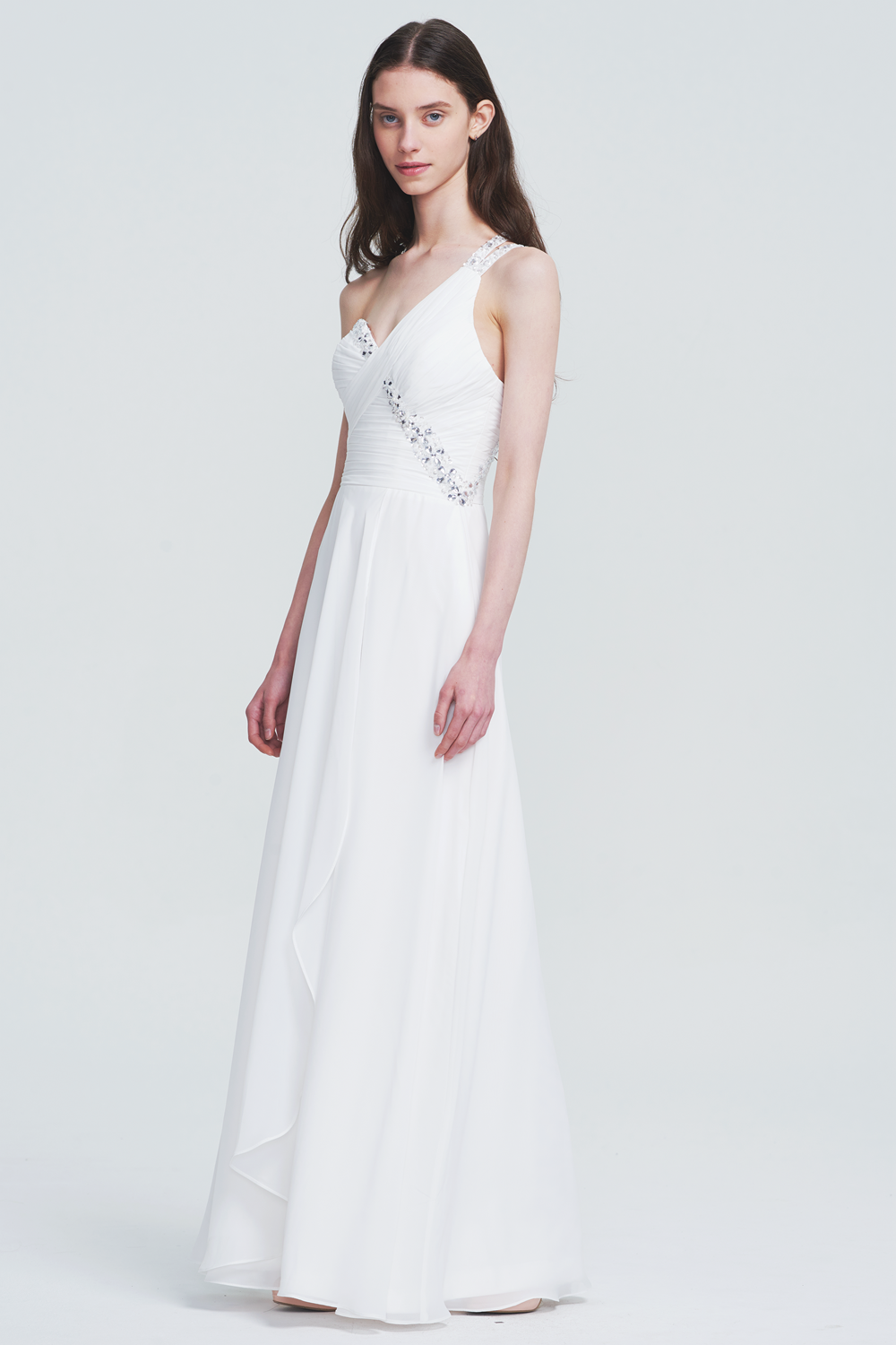 Long One Shoulder White Chiffon Prom Dress with Open Back Detail