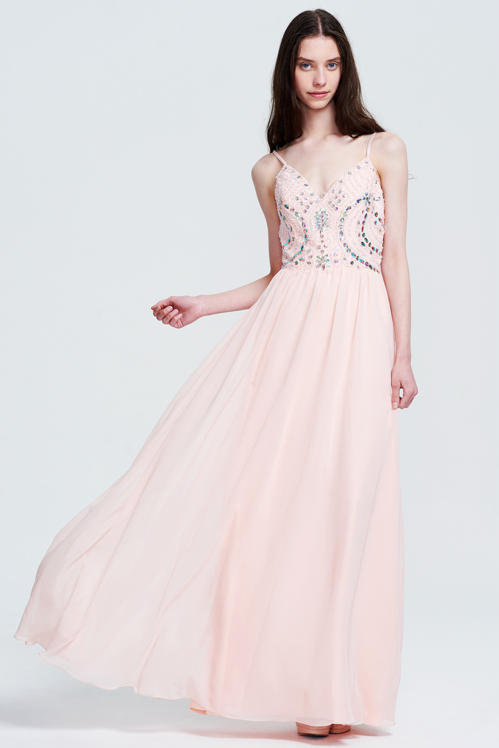Spaghetti Straps V-neckline Chiffon Pearl Pink Prom Dresses