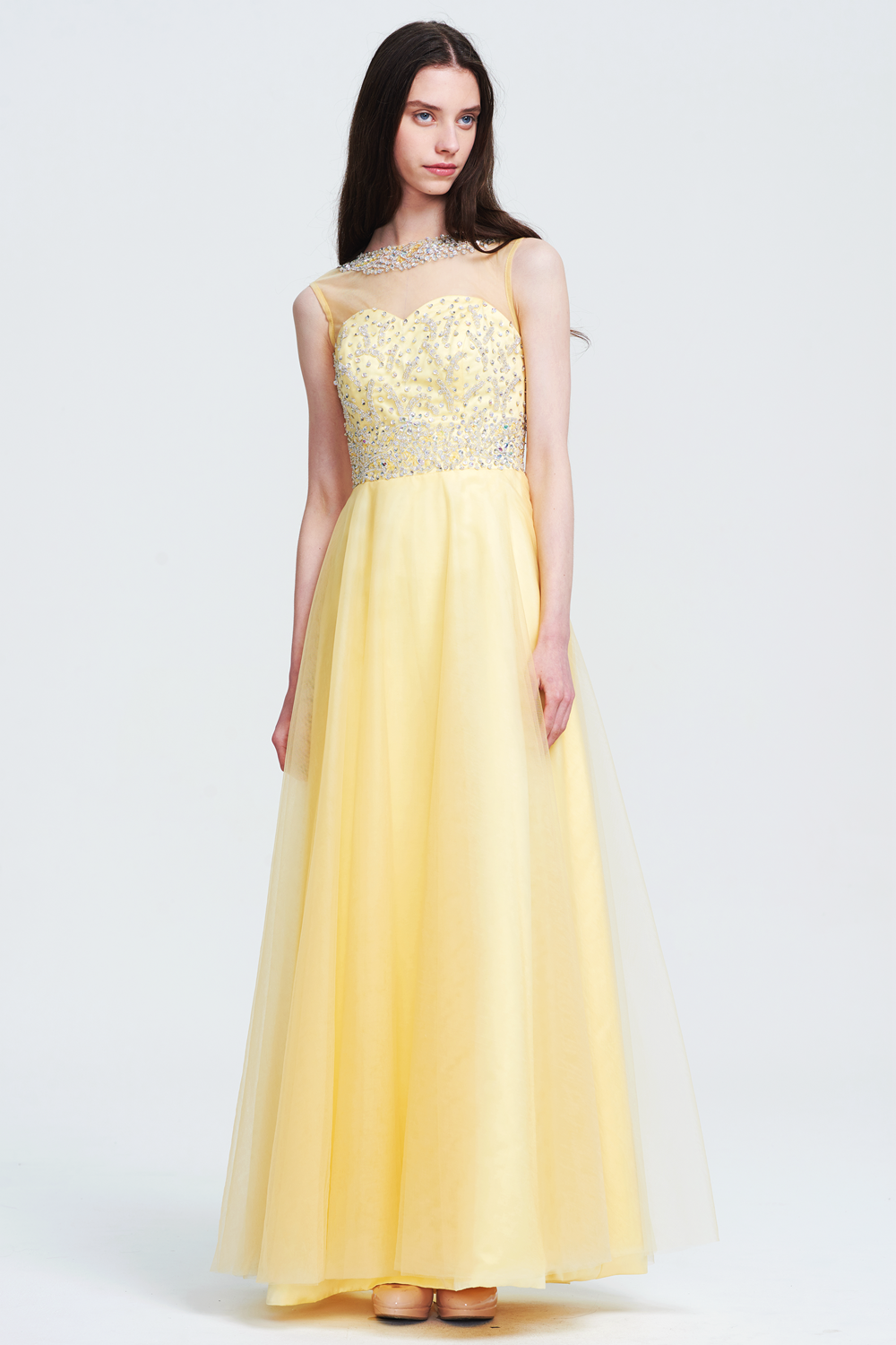 Cutout-Back Illusion-Neck Tulle A-Line Prom Dress