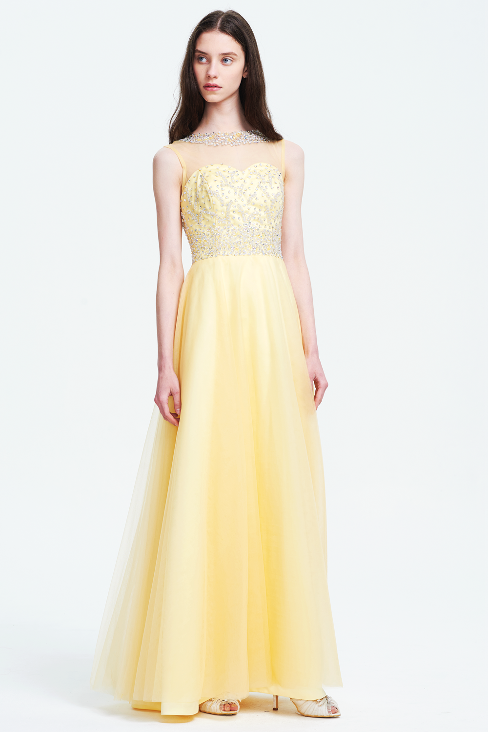 Daffodil High Neck Open back Tulle Prom Dress with Bead