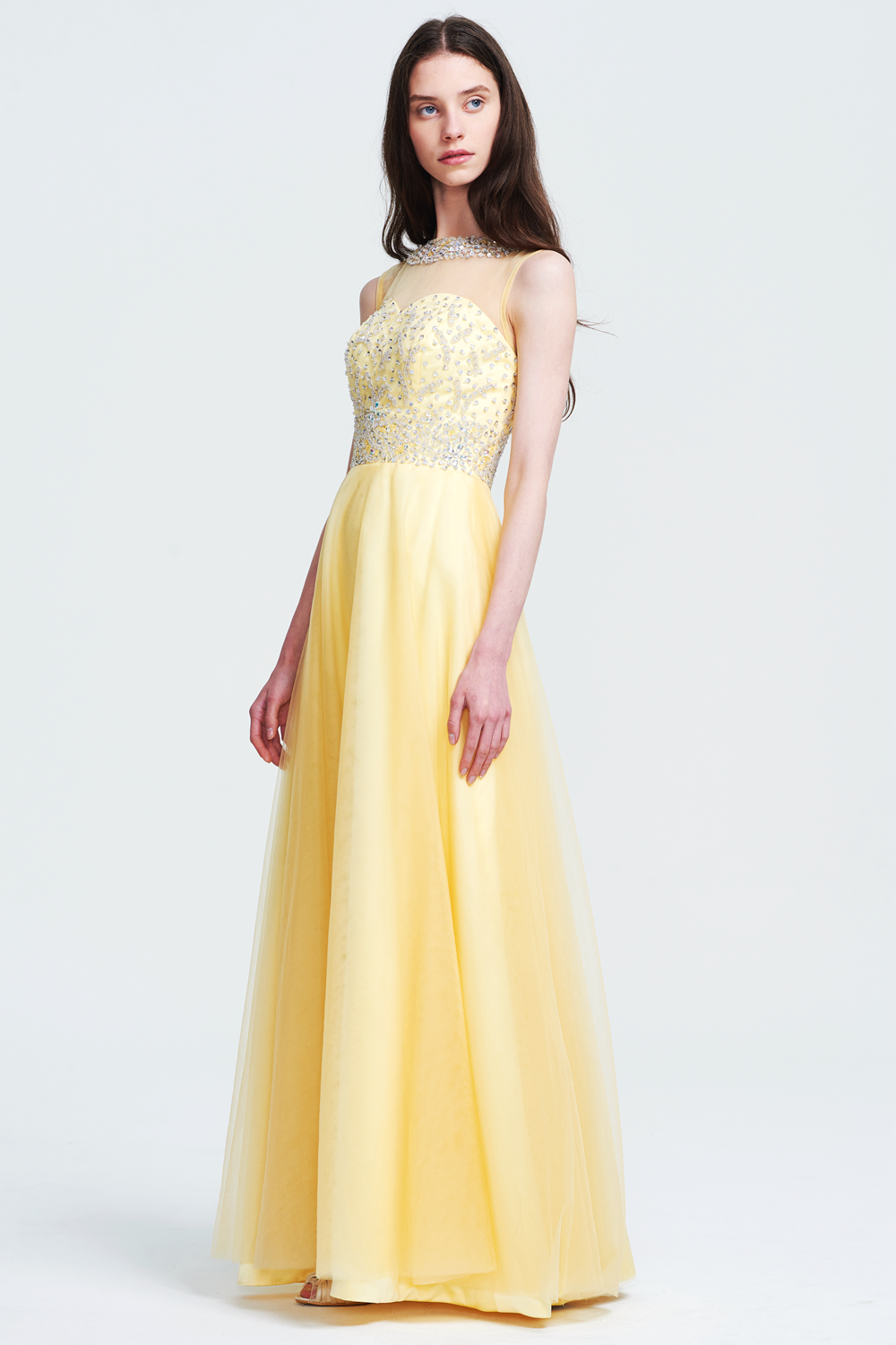 Cutout-Back Illusion-Neck Tulle A-Line Prom Dress