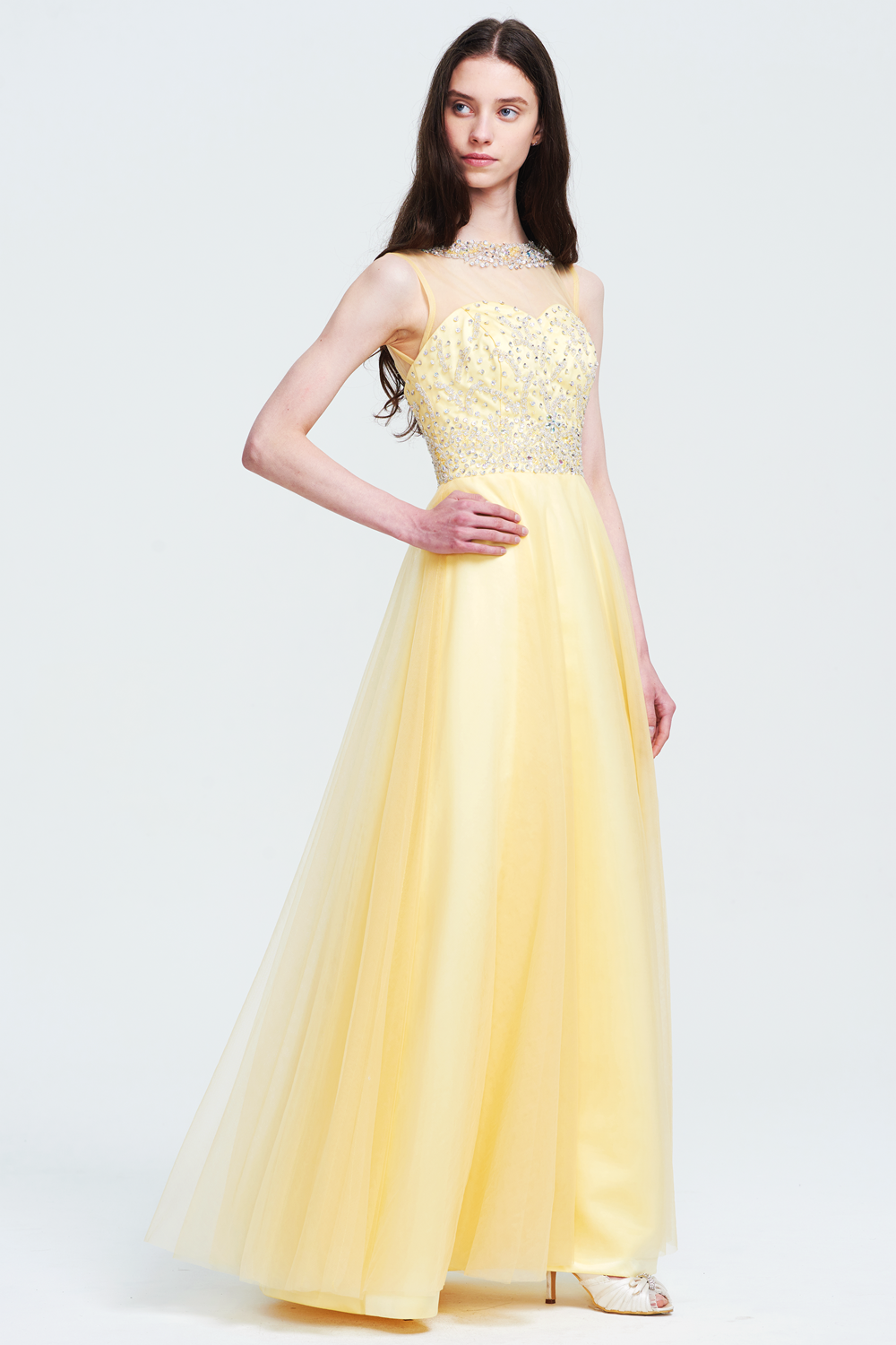 Cutout-Back Illusion-Neck Tulle A-Line Prom Dress