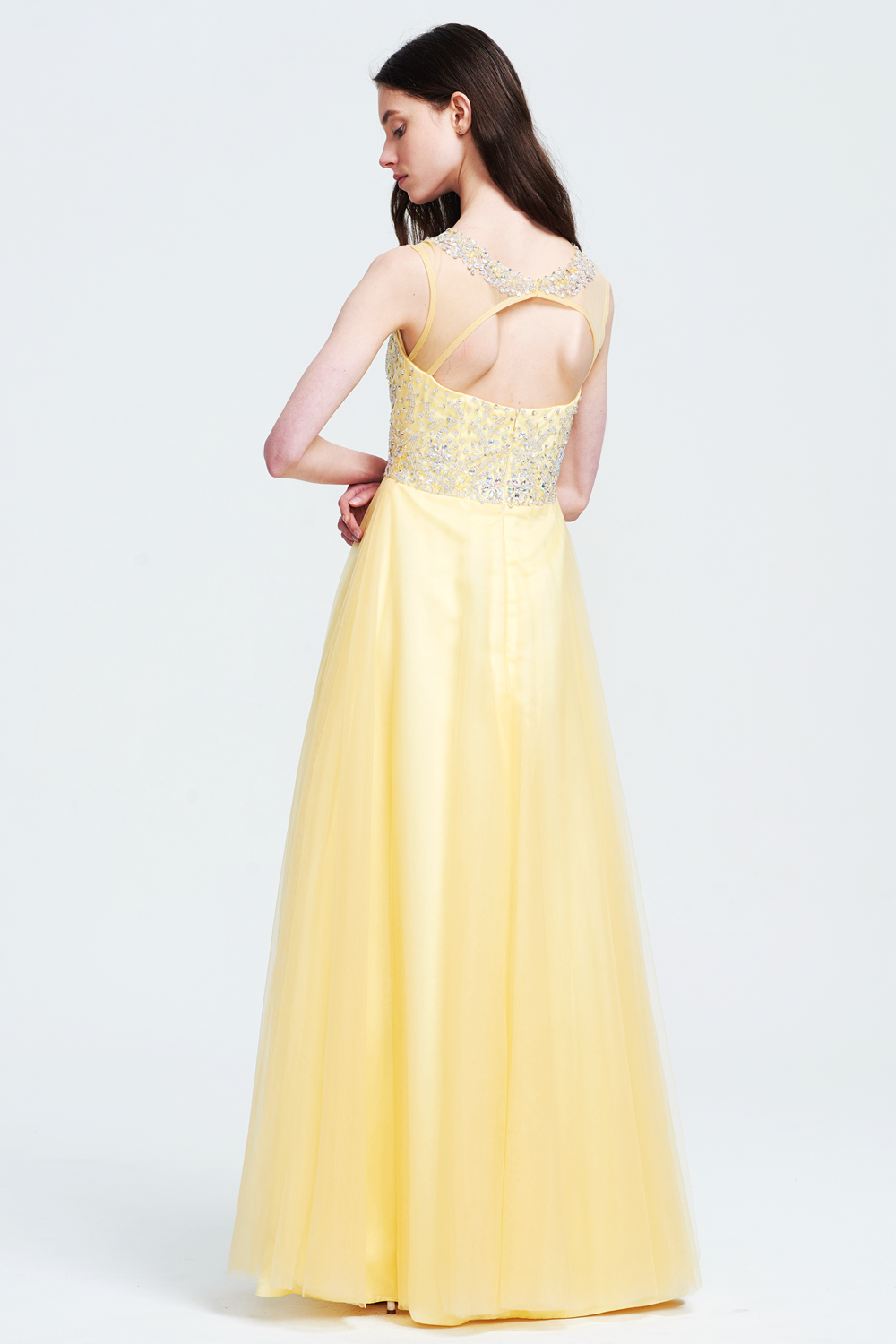 Cutout-Back Illusion-Neck Tulle A-Line Prom Dress