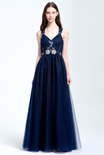 Navy Blue V-neckline Halter Straps Tulle Prom Dress With Pleated Skirt