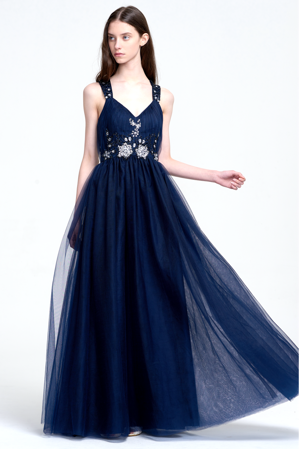 Navy Blue V-neckline Halter Straps Tulle Prom Dress With Pleated Skirt