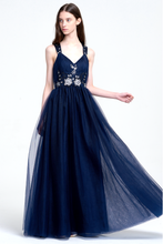 Navy Blue V-neckline Halter Straps Tulle Prom Dress With Pleated Skirt