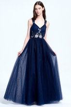 Navy Blue V-neckline Halter Straps Tulle Prom Dress With Pleated Skirt