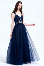 Navy Blue V-neckline Halter Straps Tulle Prom Dress With Pleated Skirt