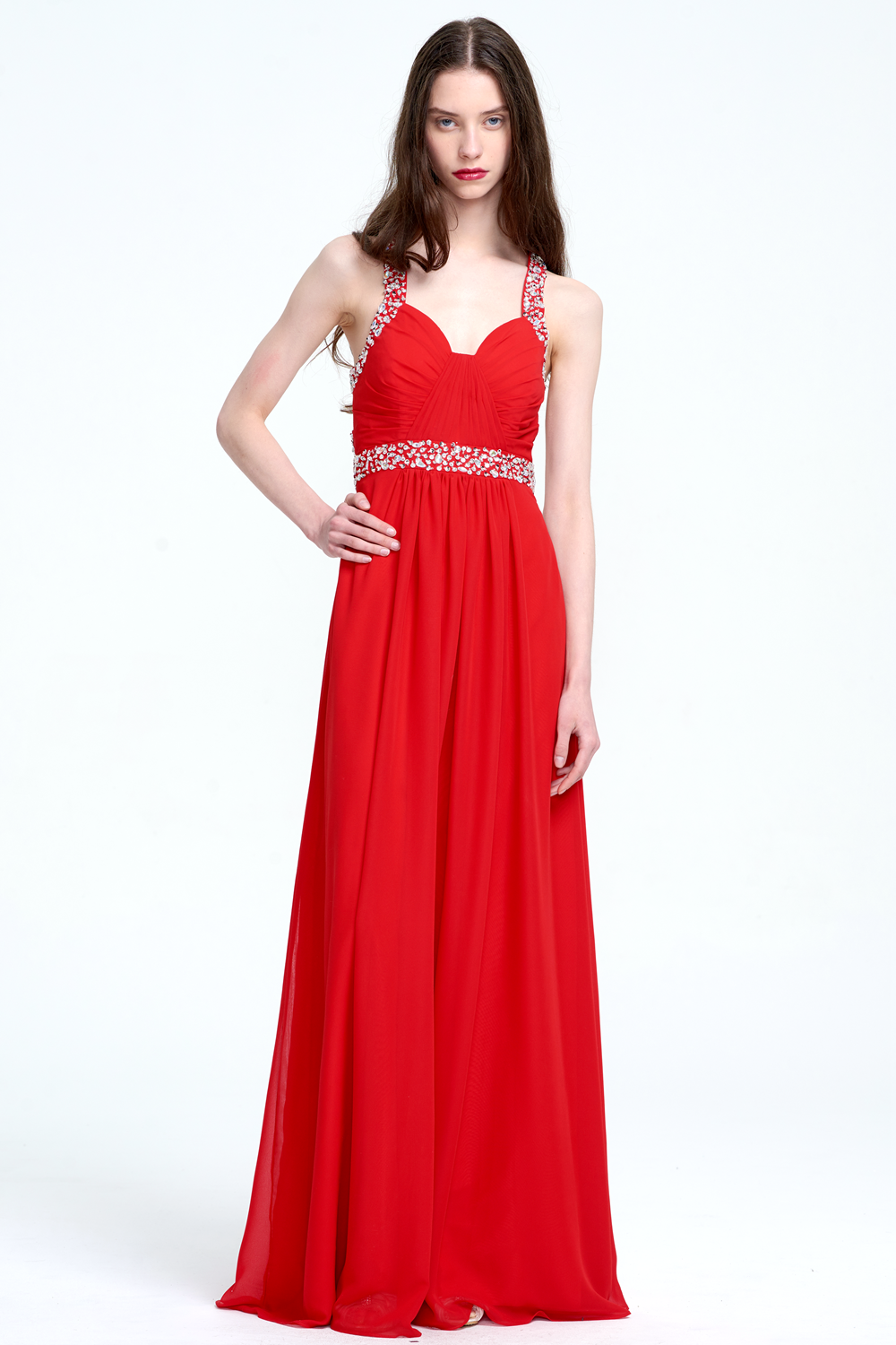 Red Ruched Waist Beaded Formal Long Open Back Wedding Bridesmaid Dress Main image
