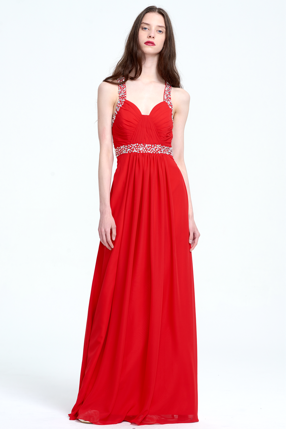 Red Ruched Waist Beaded Formal Long Open Back Wedding Bridesmaid Dress Secondary image