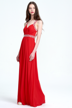 Red Ruched Waist Beaded Formal Long Open Back Wedding Bridesmaid Dress