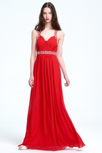 Red Ruched Waist Beaded Formal Long Open Back Wedding Bridesmaid Dress