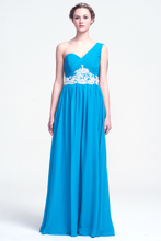 Pool Blue One-Shoulder Lace Appliques Chiffon Prom Gown