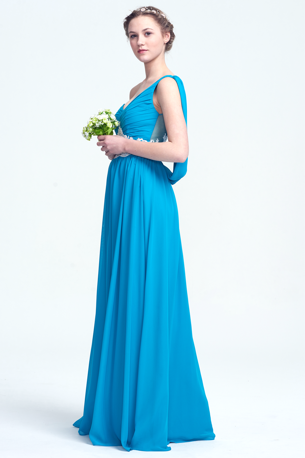 One-Shoulder Chiffon A-Line Bridesmaid Dress with Lace Waist and Draped Back