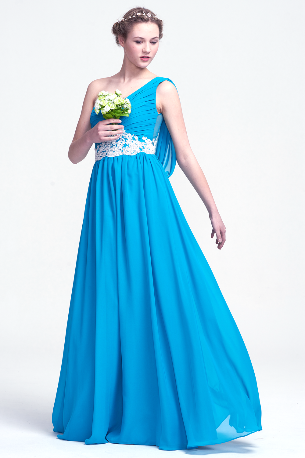 One-Shoulder Chiffon A-Line Bridesmaid Dress with Lace Waist and Draped Back