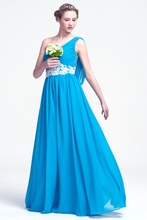 Pool Blue One-Shoulder Lace Appliques Chiffon Prom Gown
