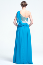 Pool Blue One-Shoulder Lace Appliques Chiffon Prom Gown