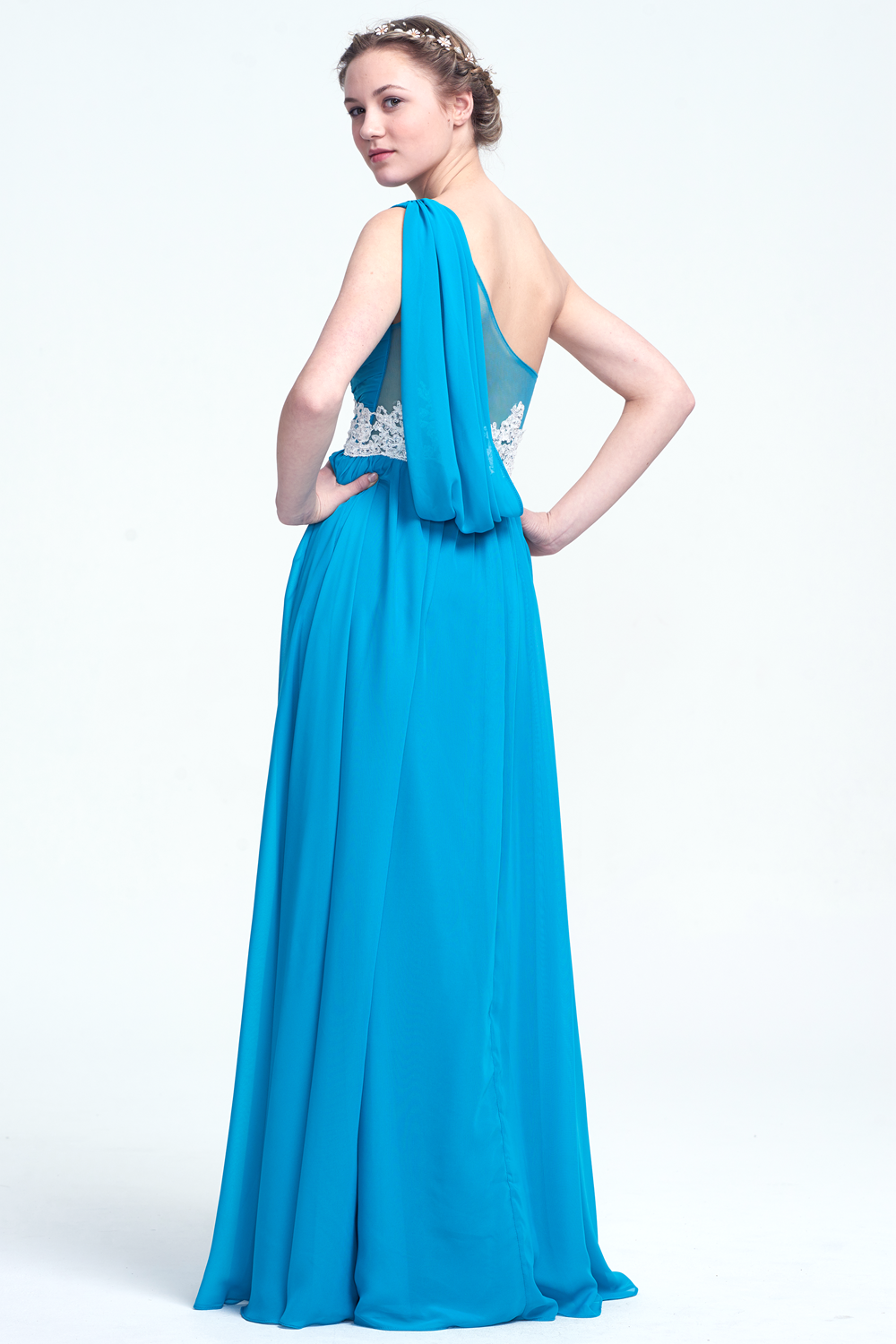 One-Shoulder Chiffon A-Line Bridesmaid Dress with Lace Waist and Draped Back