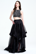 Black Two Piece A Line Long Asymmetric Empire Waist Evening Gown