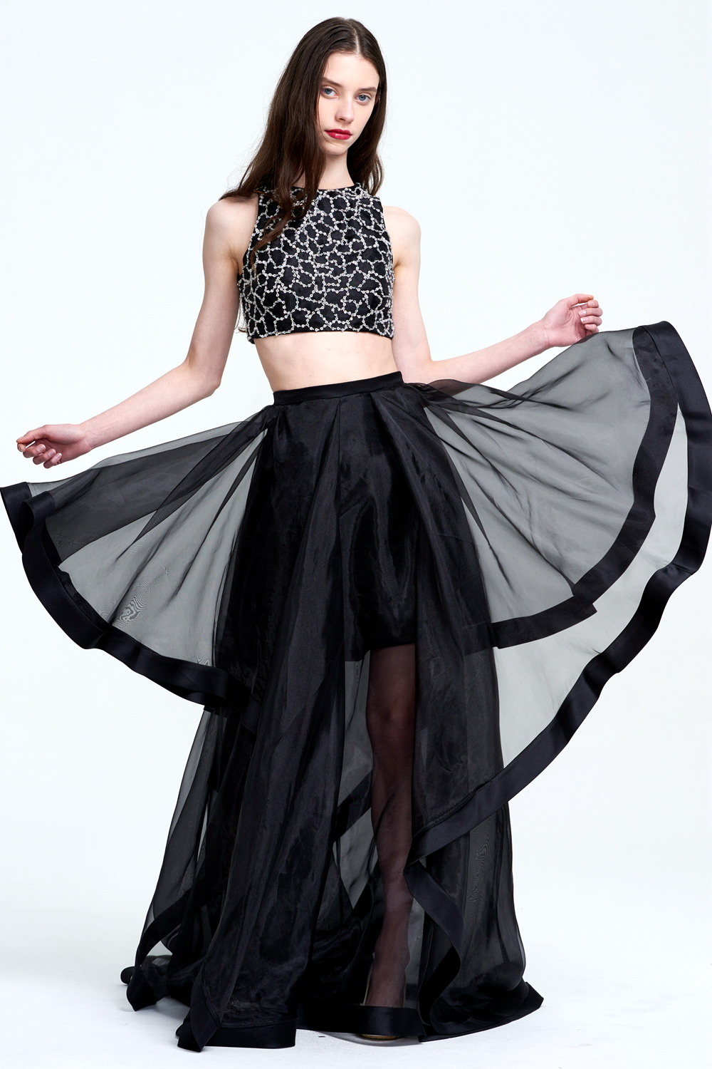 Black Two Piece A Line Long Asymmetric Empire Waist Evening Gown