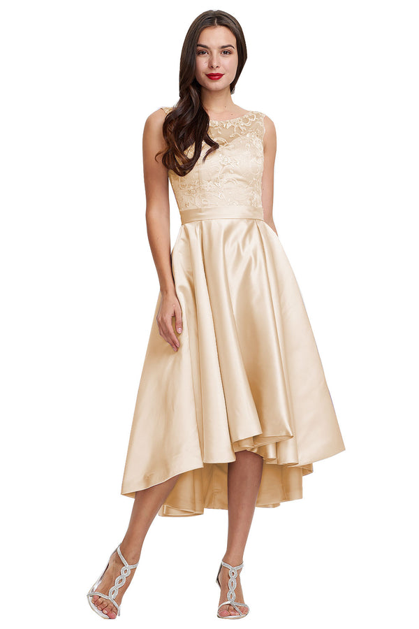 Silver High-Low Satin Cocktail Dress with Lace Bodice, Pleats and Pockets