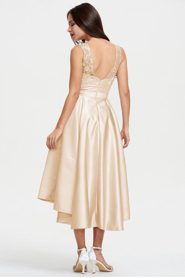 Silver High-Low Satin Cocktail Dress with Lace Bodice, Pleats and Pockets