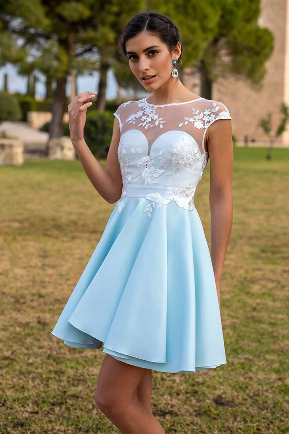 Illusion-Back Lace and Satin A-Line Homecoming Dress