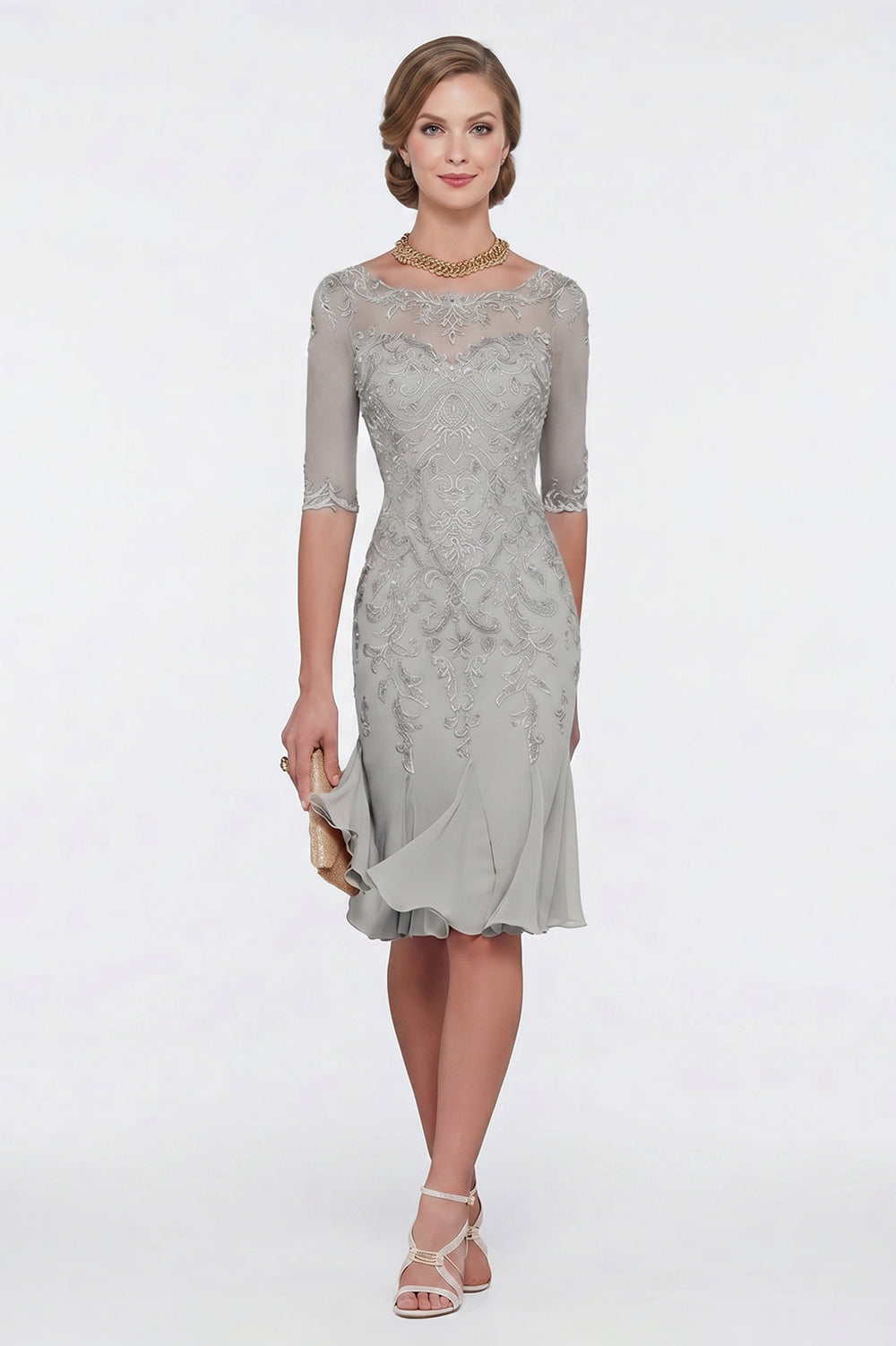 Half-Sleeve Lace Sheath Mother of the Bride Dress with Chiffon Ruffle Hem