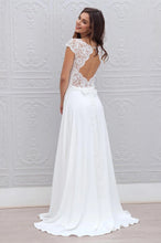 A-Line Cap Sleeves Open Back Lace Chiffon Bridal Wedding Dresses with Sweep Train