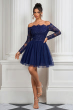 A-Line Off-the-Shoulder Long Sleeves Short Homecoming Dresses with Applique
