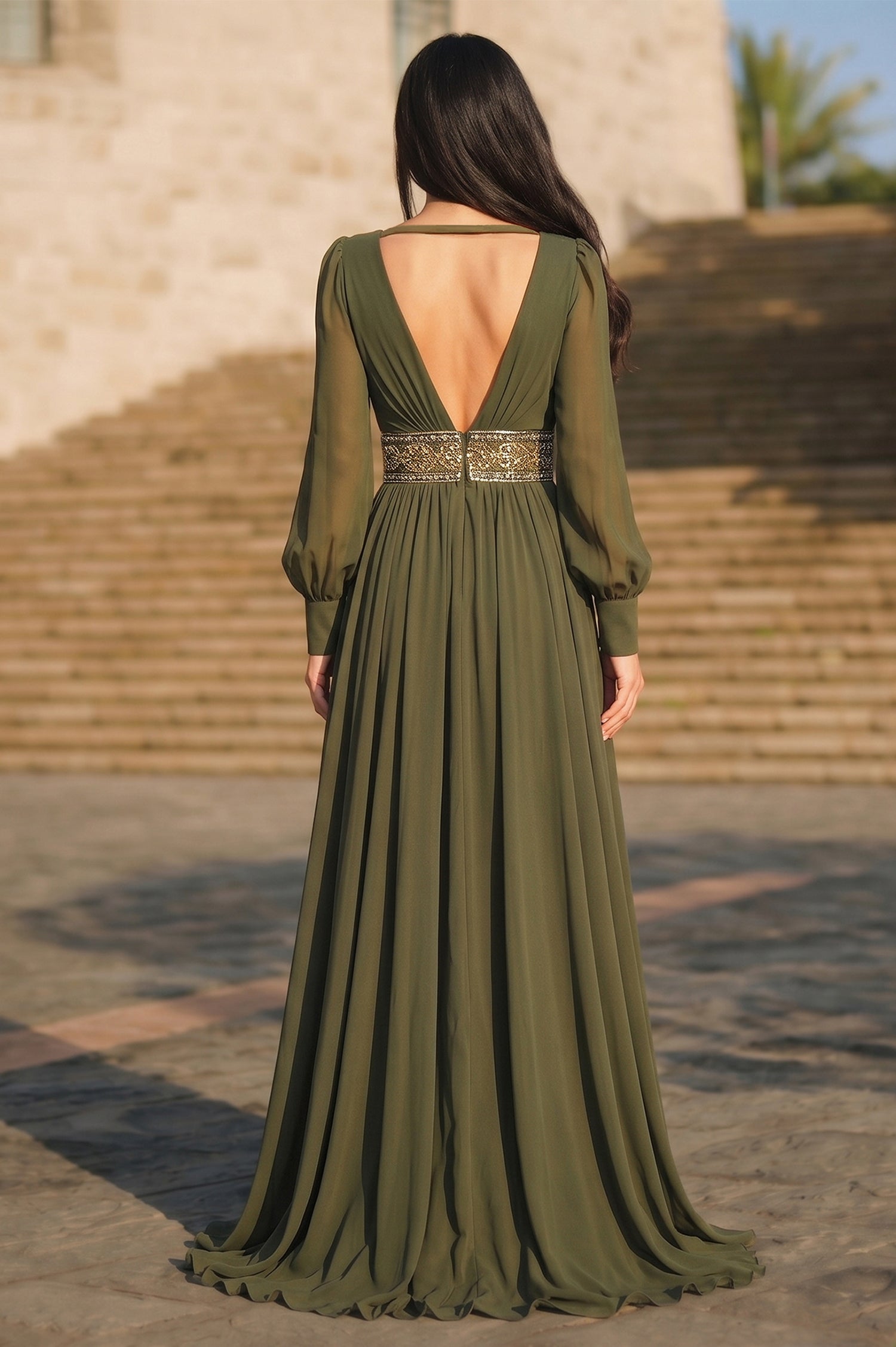 Sexy V-Neck Long Sleeves Prom Dresses with Beading & Slit