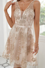 V-Neck Glitter Floral Short Homecoming Dress with Sheer Mesh Back & Satin Waistband