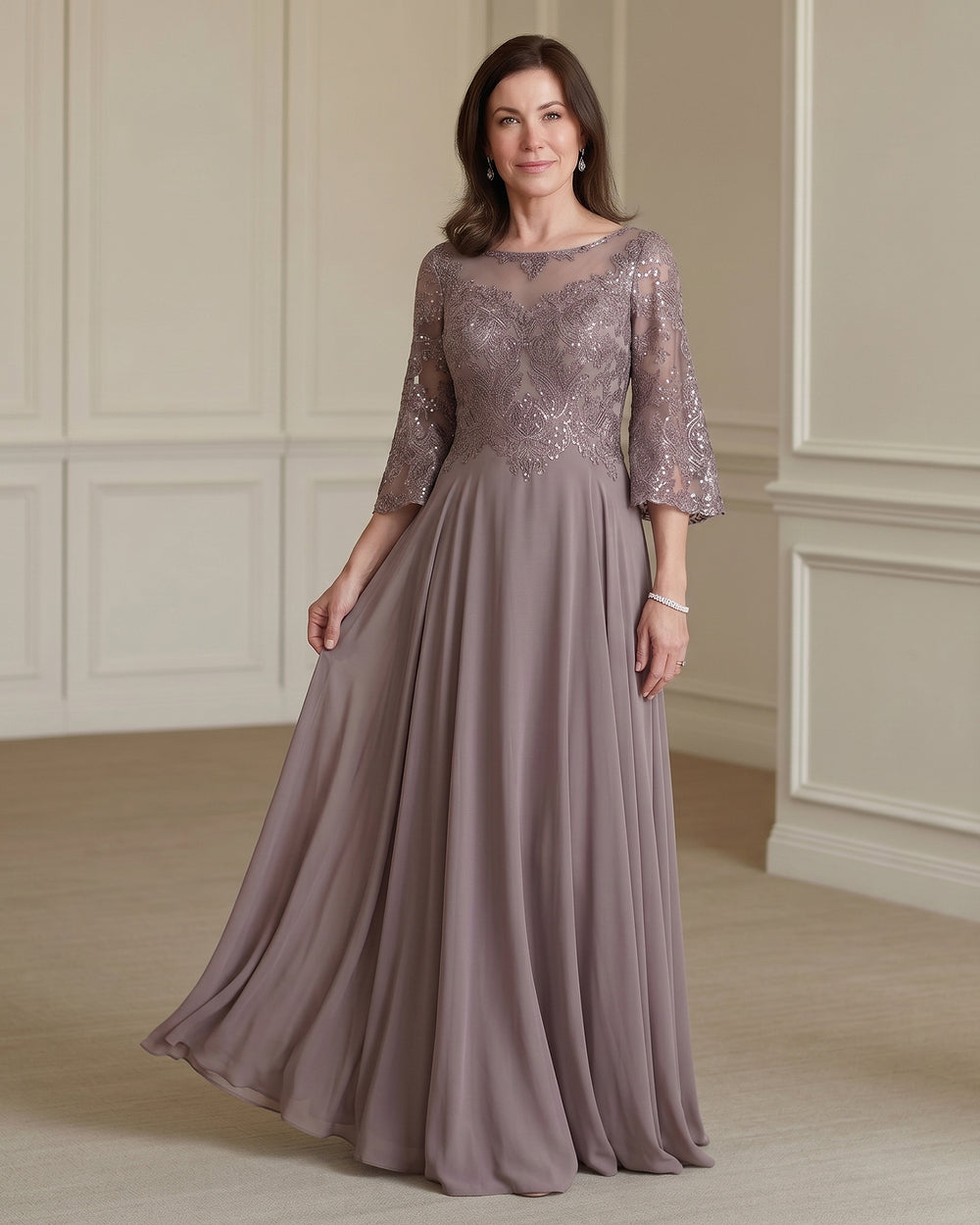 Half-Sleeve Chiffon Mother of the Bride Dress with Lace Bodice