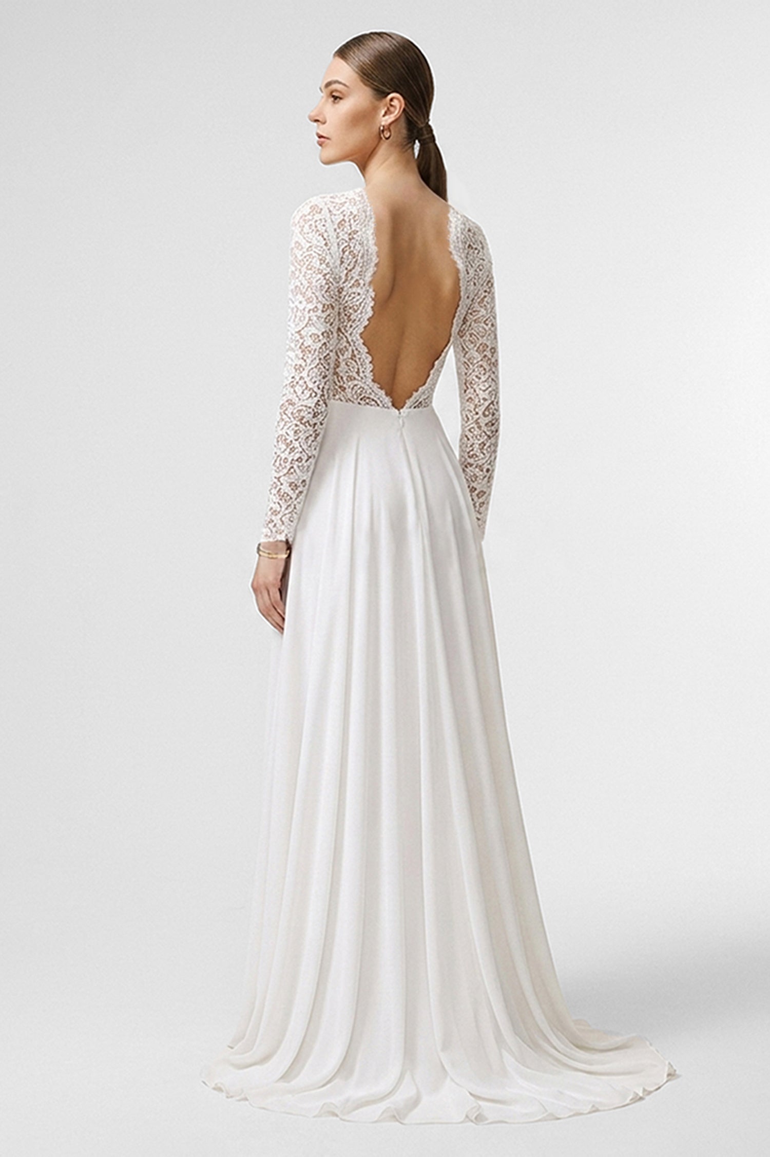 A-line Deep V-neck Full/Long Sleeves Open Back Long Lace Chiffon Wedding Dresses