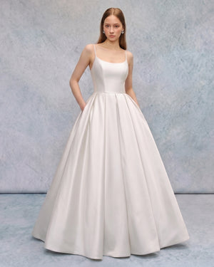 Square-Neck Satin A-Line Wedding Dress with Lace-Up Back and Pockets