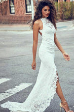 High Neck Sheath/Column Backless Lace Boho Wedding Dress with Long Train