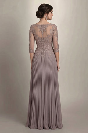 Dusk 3/4-Sleeve Lace and Pleated Chiffon Mother of the Bride Gown