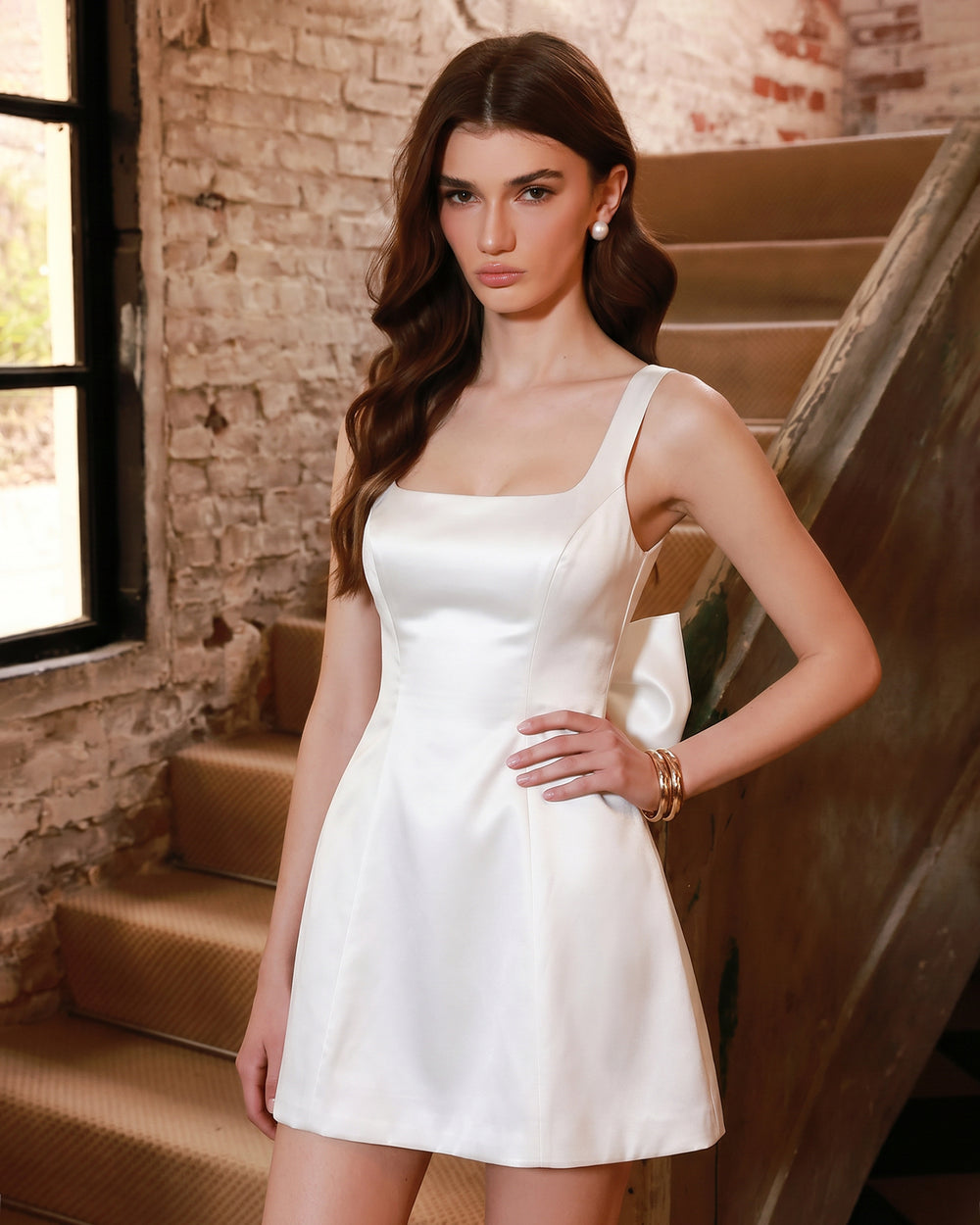 Square-Neck Satin A-Line Short Homecoming Dress with Back Bow