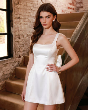 Square-Neck Satin A-Line Short Homecoming Dress with Back Bow