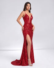 Sparkly Red Sequin Mermaid Slit Long Prom Dress