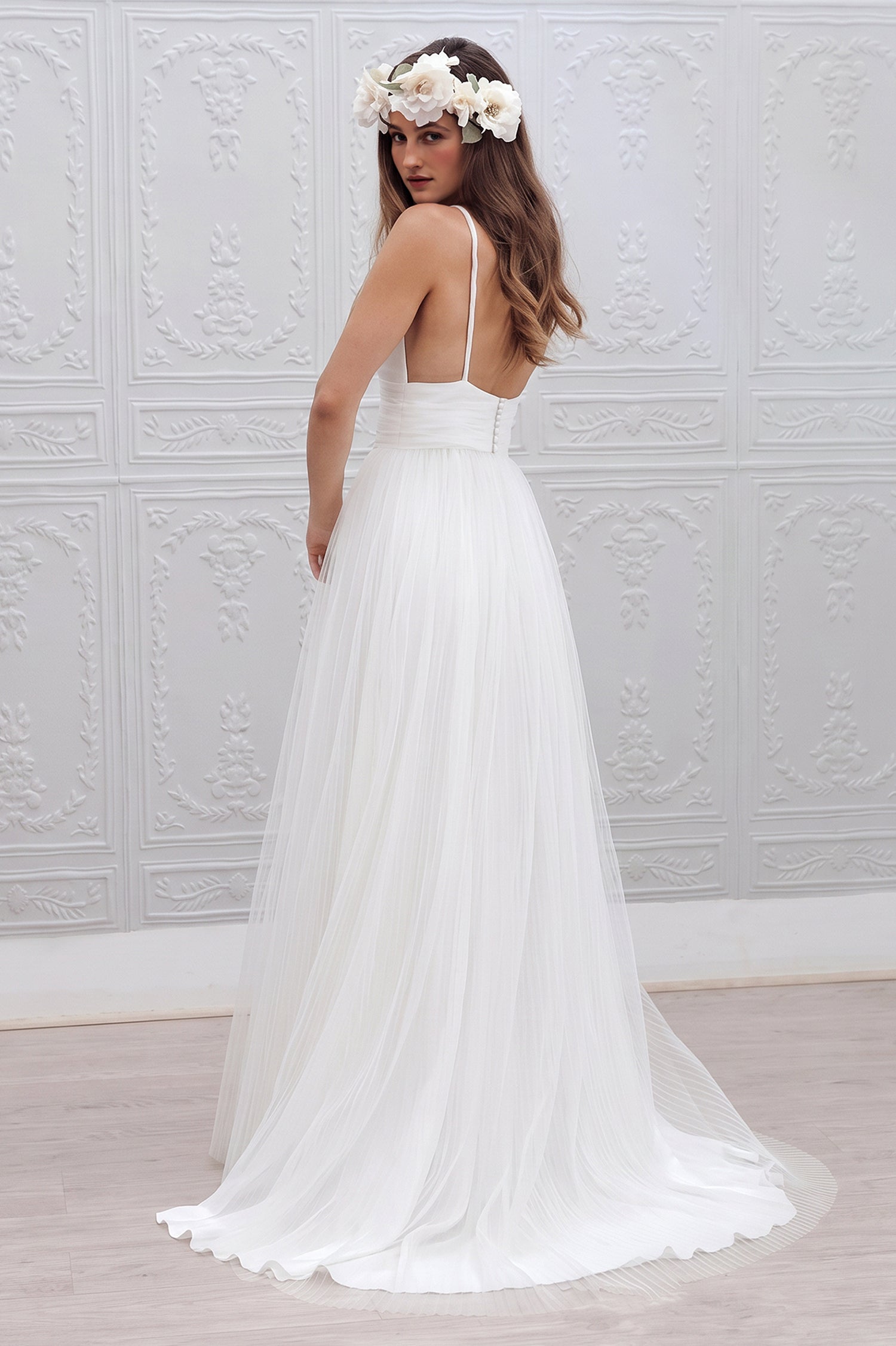 Spaghetti Straps Ruched Tulle Boho Beach Wedding Dress