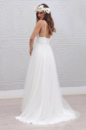 Ivory Ruched Low-Back Organza A-Line Wedding Dress