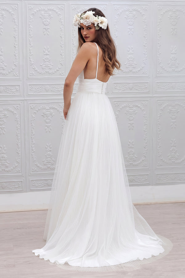 Ivory Ruched Low-Back Organza A-Line Wedding Dress
