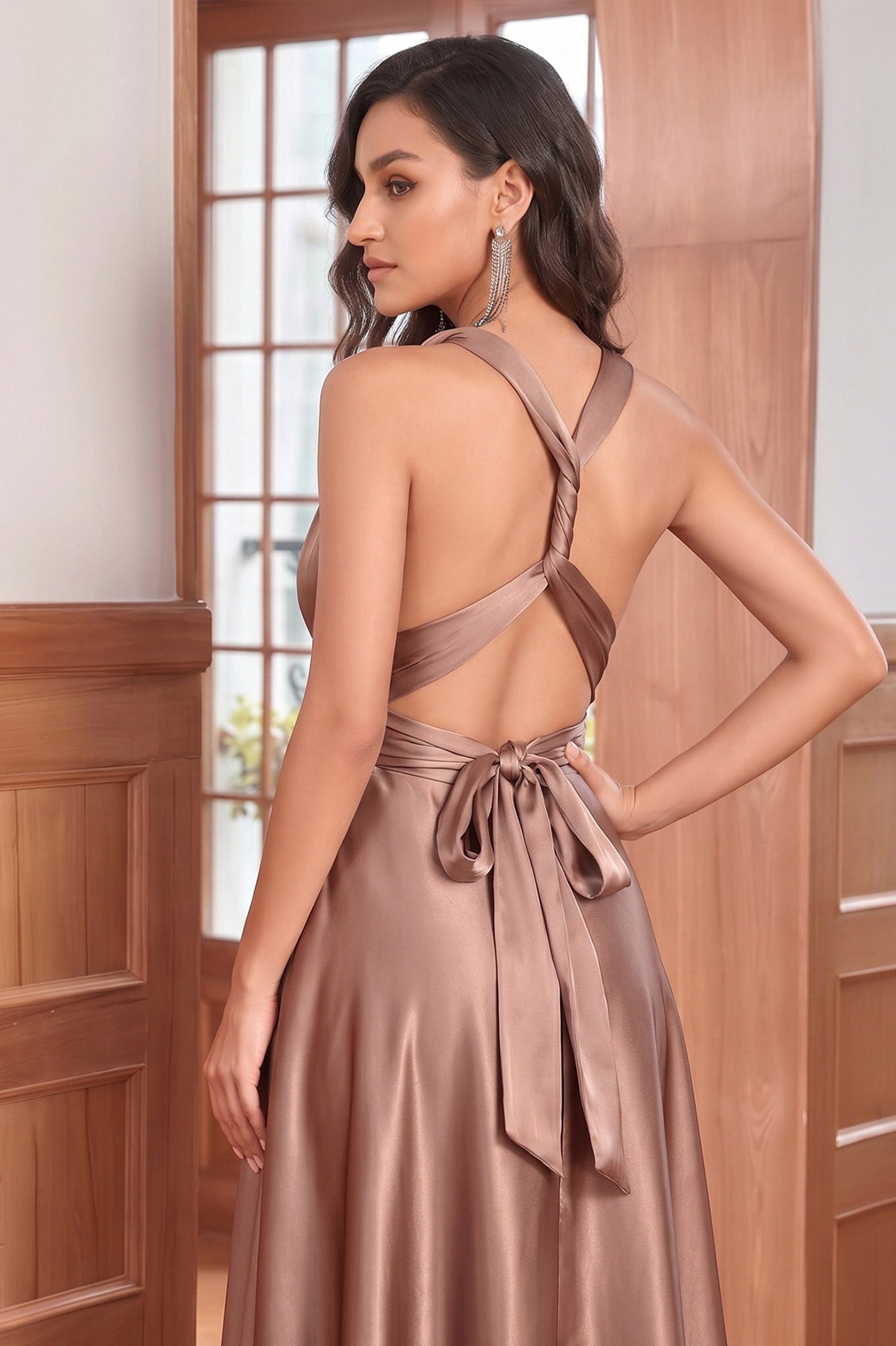 Simple V-Neck Sleeveless Criss-Cross Straps Prom Dress with Pleats