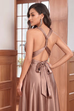 Simple V-Neck Sleeveless Criss-Cross Straps Prom Dress with Pleats